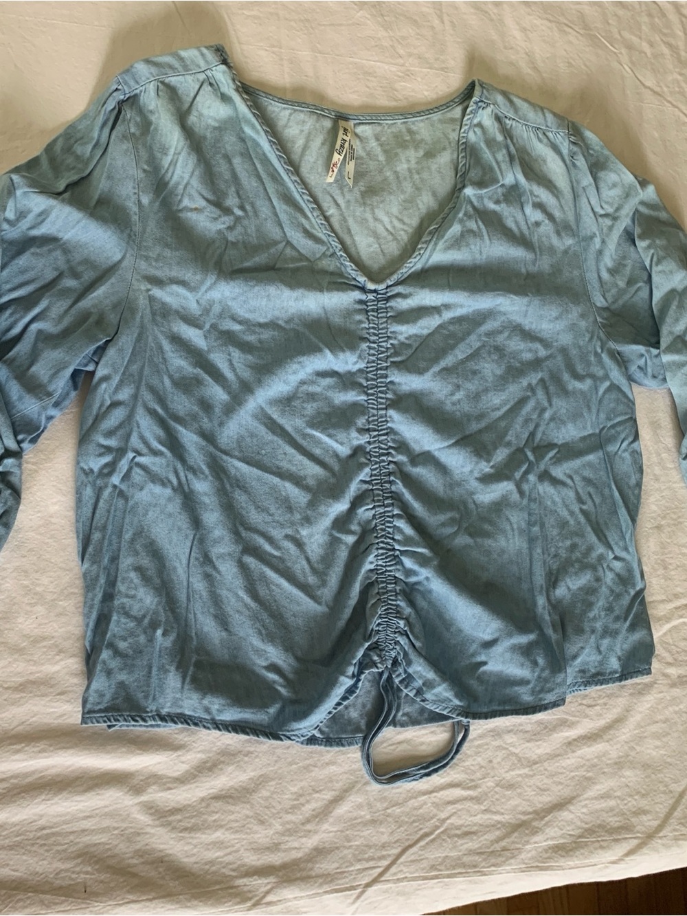 girl krazy Light Blue V-Neck Ruched Front Long Sleeve Top